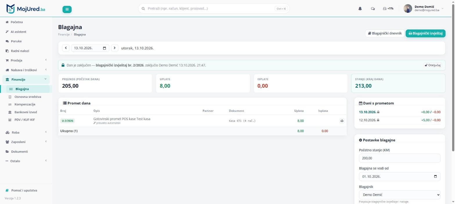 Blagajna: promet dana, zaključen dan i postavke