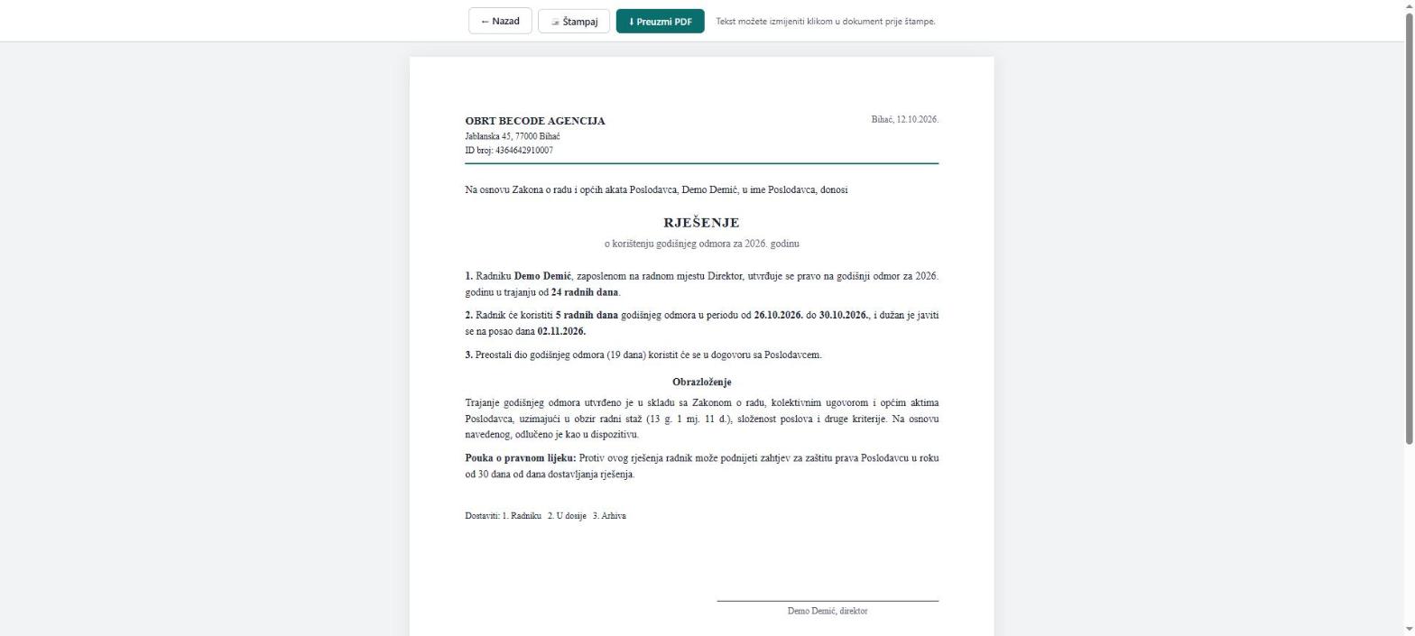 Rješenje o korištenju godišnjeg odmora