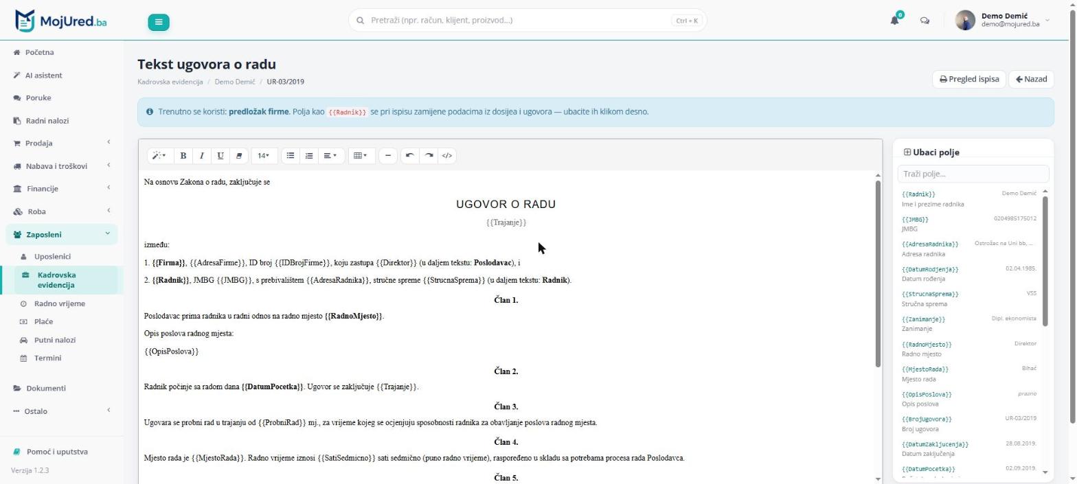 Editor teksta ugovora s poljima za ubacivanje