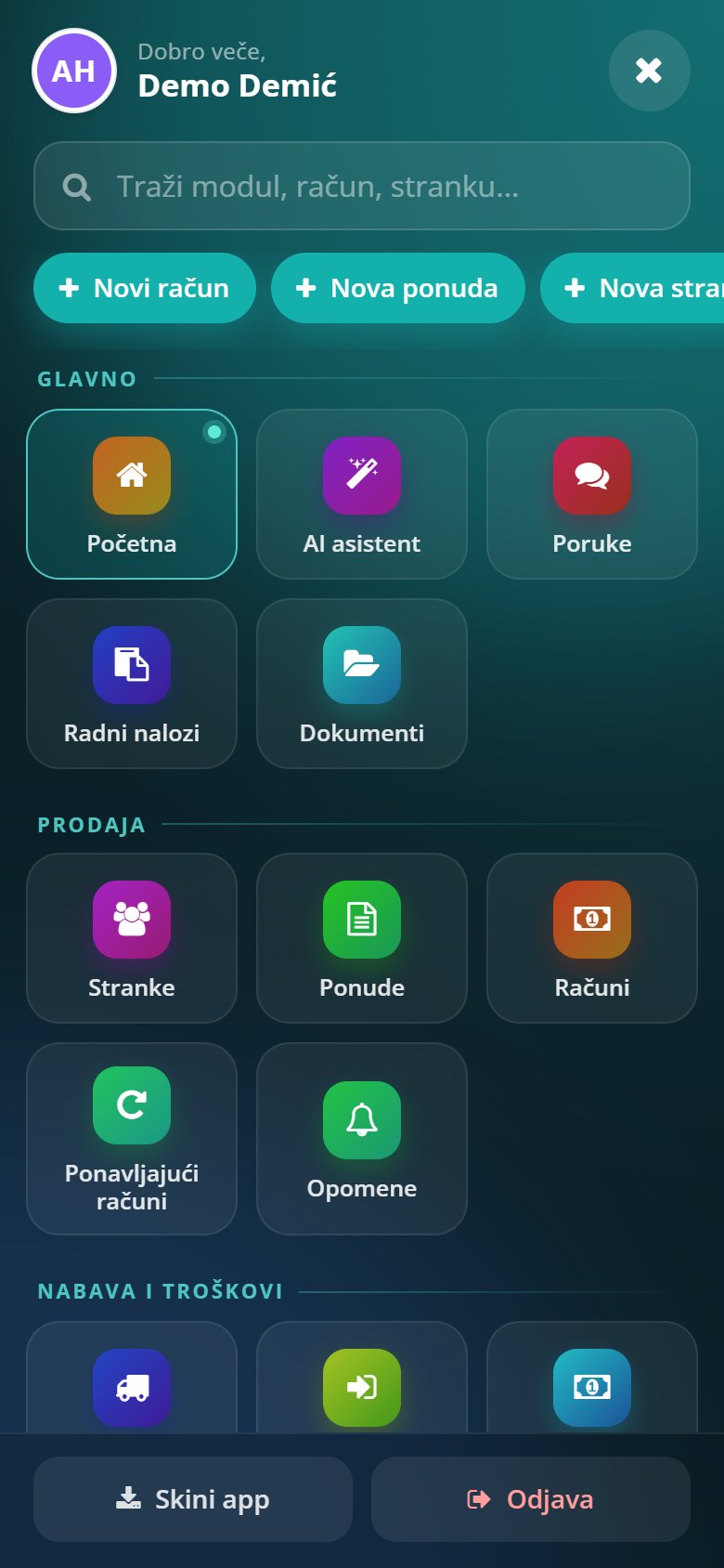Meni s pretragom i brzim akcijama