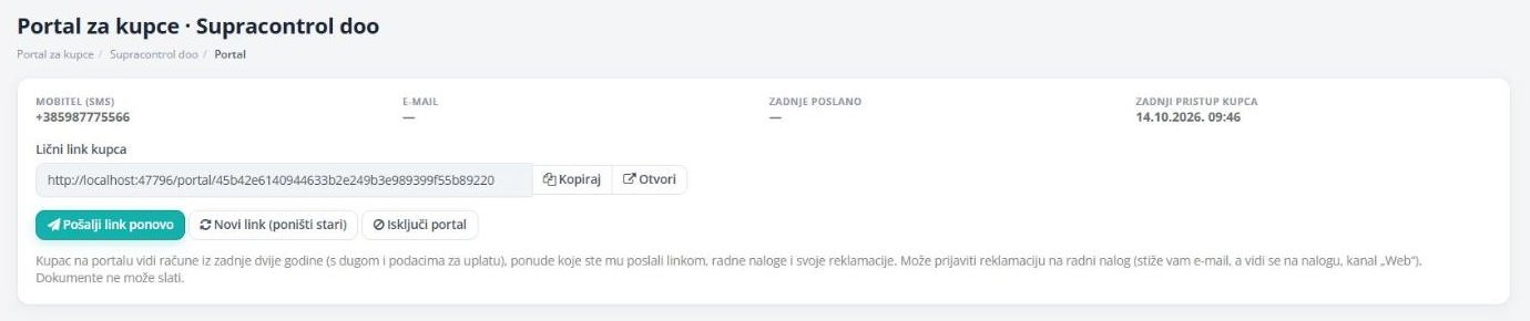 Portal za kupce na kartici stranke: slanje, kopiranje i poništavanje linka