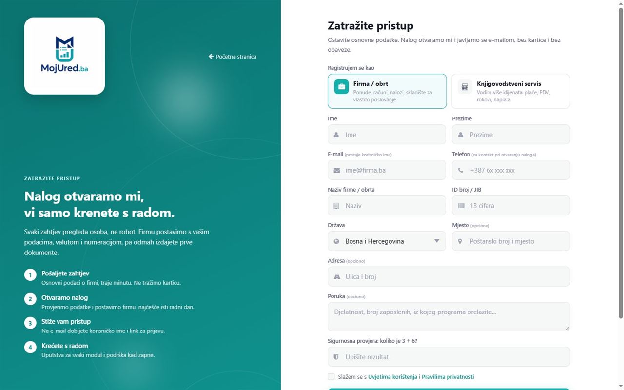 Zatražite pristup: tip naloga i osnovni podaci firme